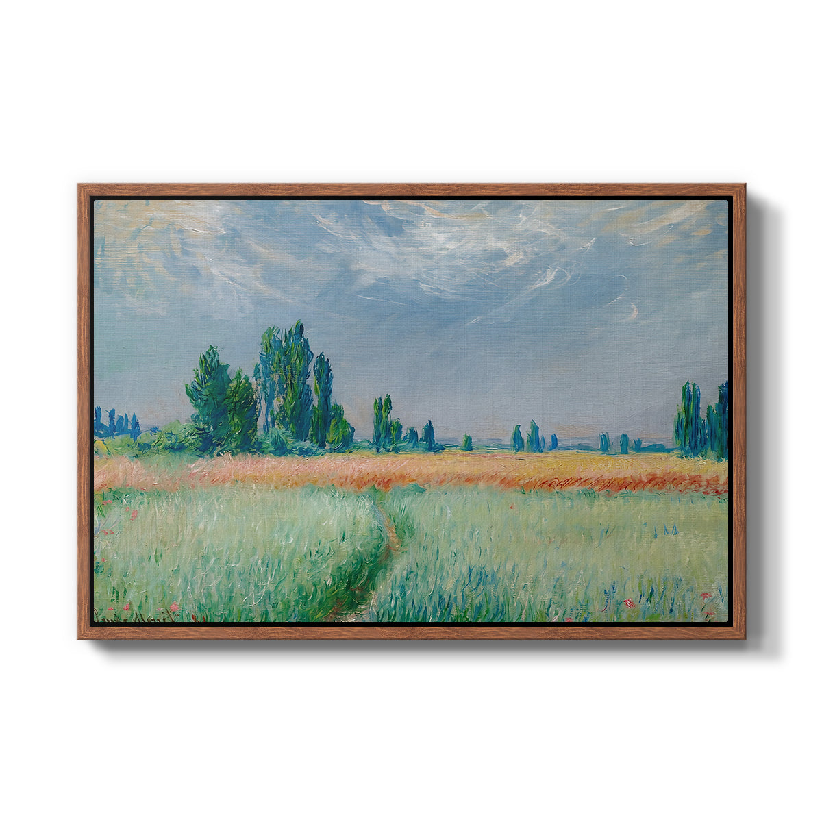 The Wheat Field (Champ de Blé), 1881 by Claude Monet in a walnut floater framed canvas wall art display.