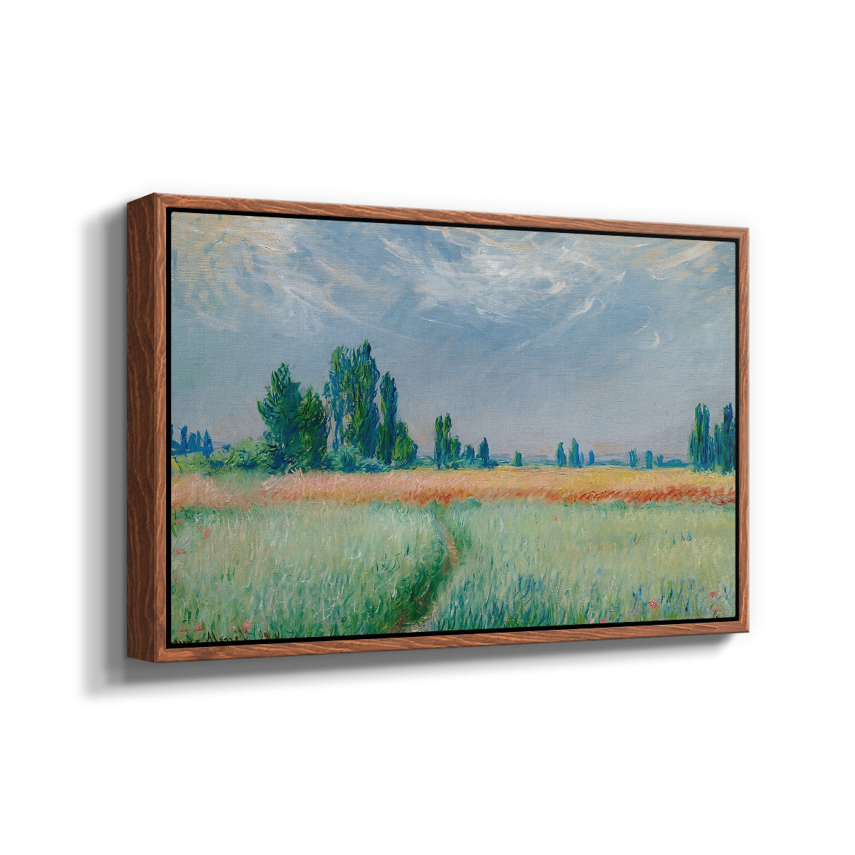 Angled view of The Wheat Field (Champ de Blé), 1881 by Claude Monet in a walnut floater framed canvas.