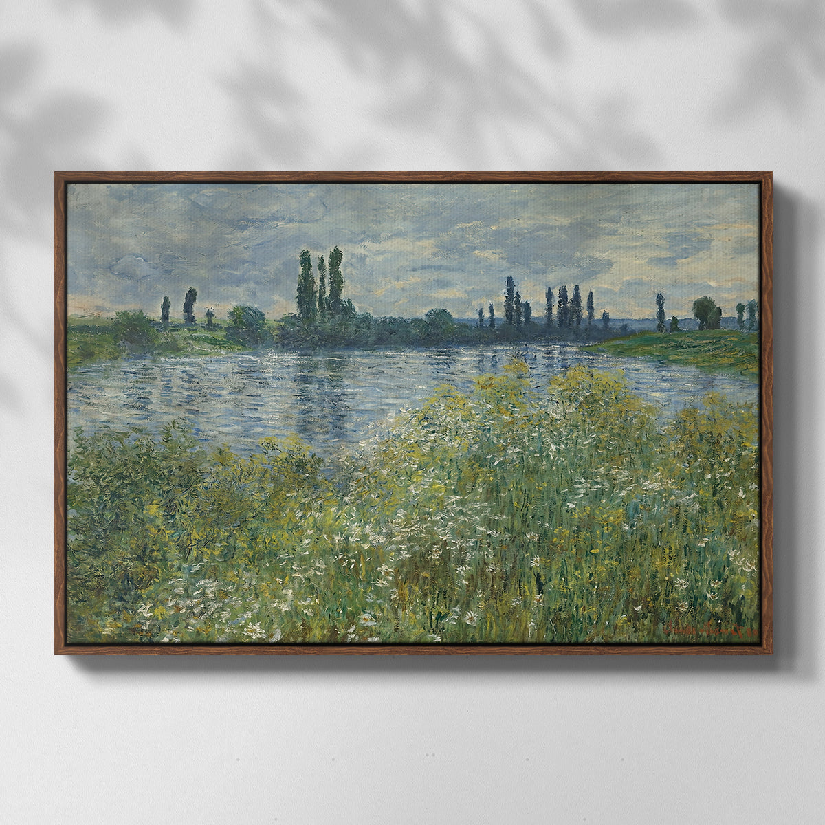 Front view of Banks of the Seine, Vétheuil, 1880 by Claude Monet in a walnut floater framed canvas.