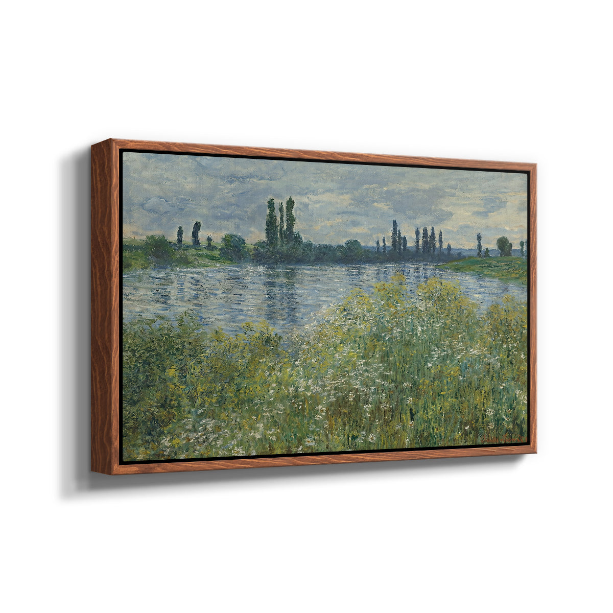 Angled view of Banks of the Seine, Vétheuil, 1880 by Claude Monet in a walnut floater framed canvas.