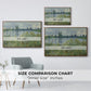 Size comparison chart for walnut floater framed canvas featuring Banks of the Seine, Vétheuil, 1880 by Claude Monet.
