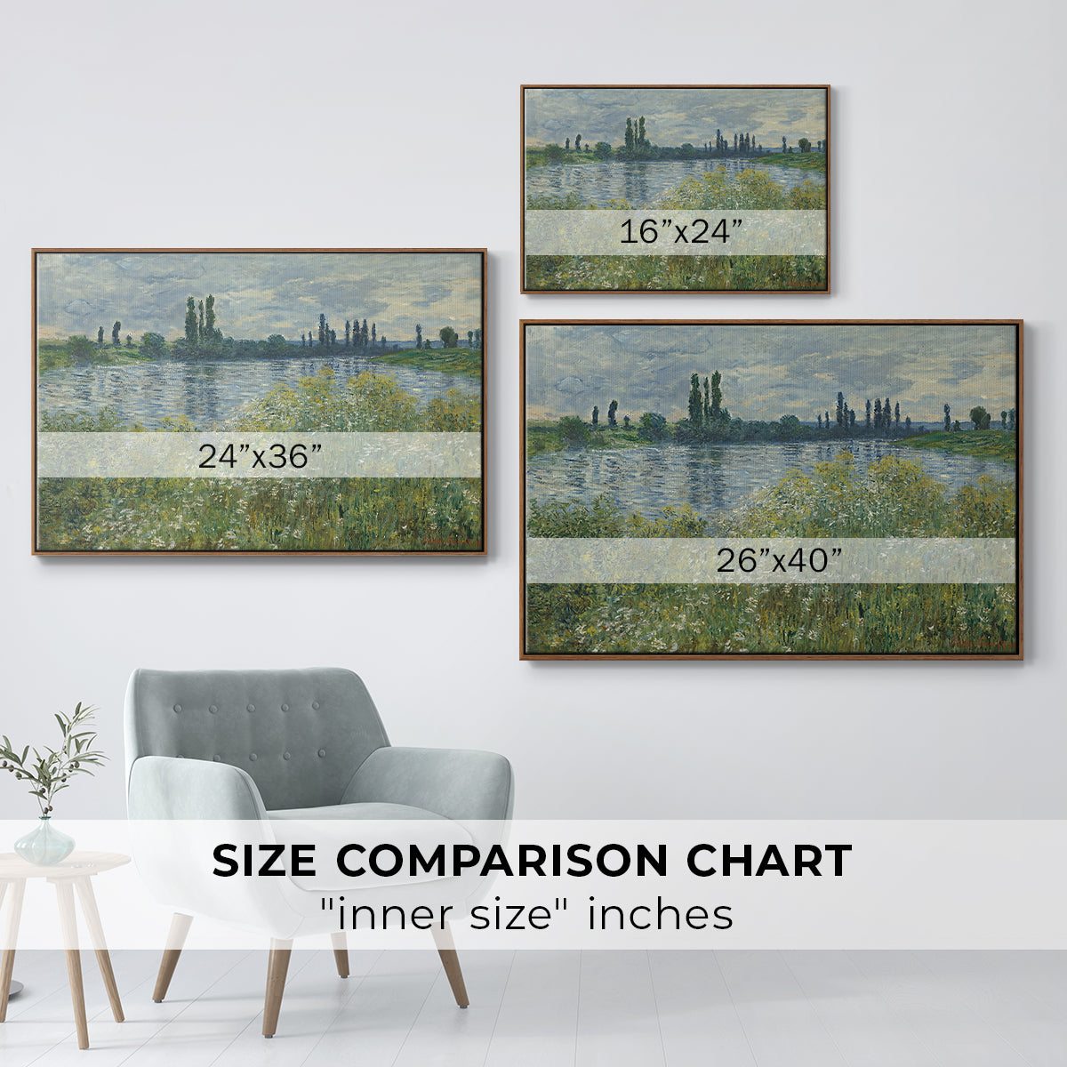 Size comparison chart for walnut floater framed canvas featuring Banks of the Seine, Vétheuil, 1880 by Claude Monet.
