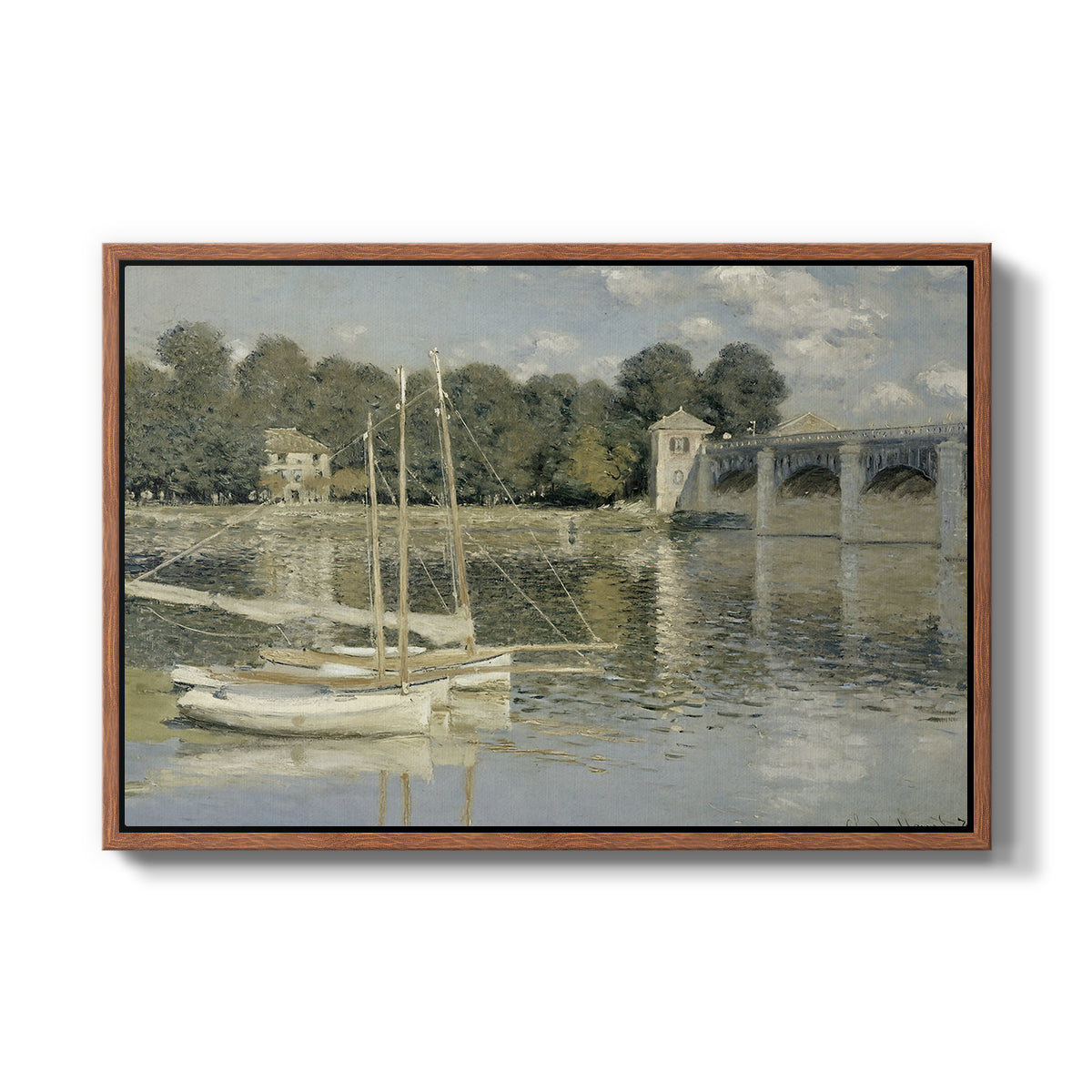 The Bridge at Argenteuil, 1874 by Claude Monet in a walnut floater framed canvas wall art display.