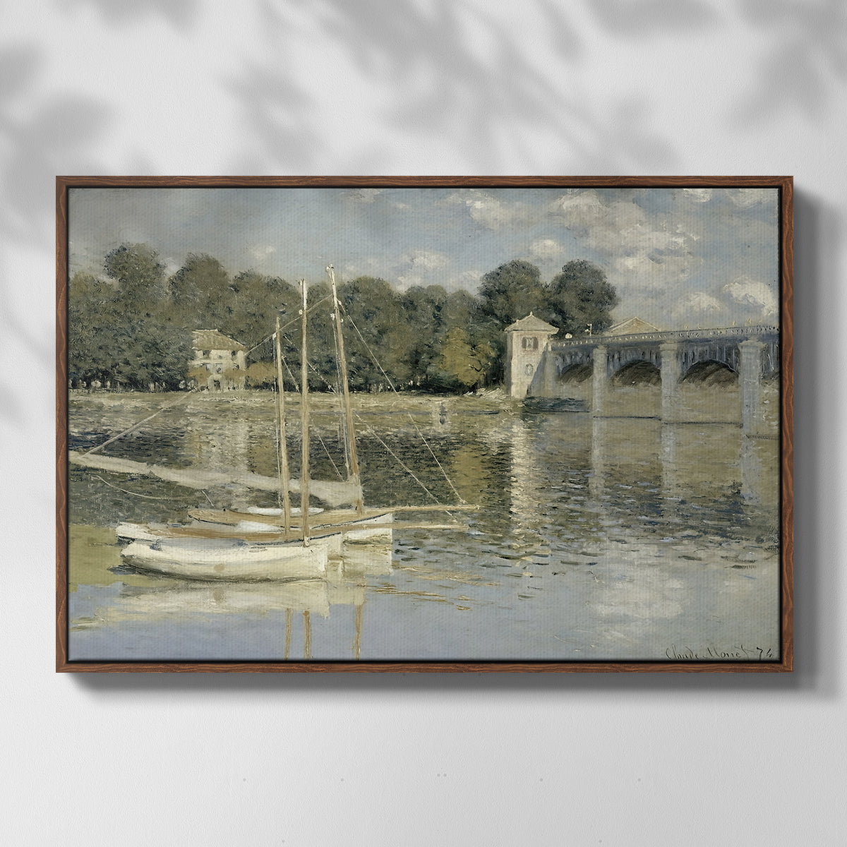 Front view of The Bridge at Argenteuil, 1874 by Claude Monet in a walnut floater framed canvas.
