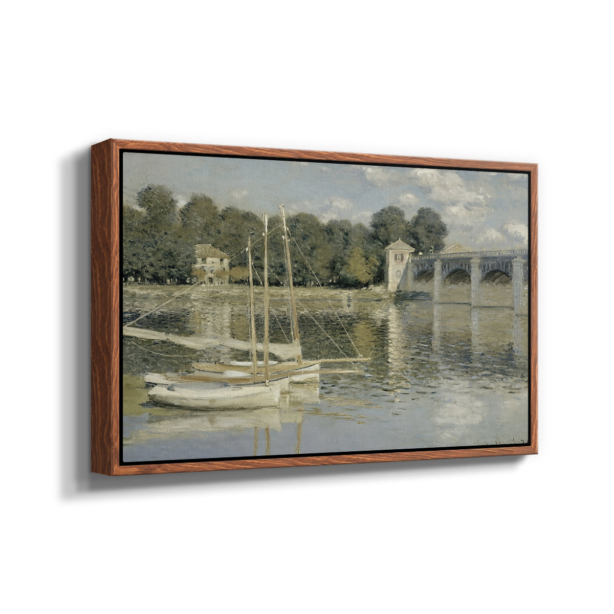 Angled view of The Bridge at Argenteuil, 1874 by Claude Monet in a walnut floater framed canvas.