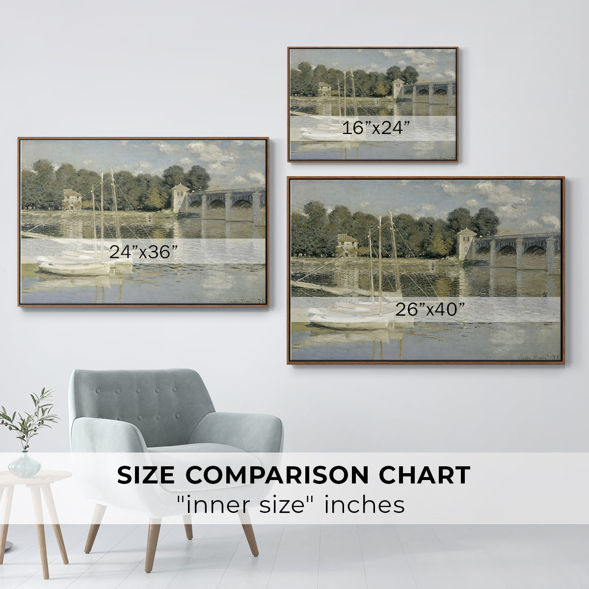 Size comparison chart for walnut floater framed canvas featuring The Bridge at Argenteuil, 1874 by Claude Monet.