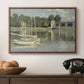 The Bridge at Argenteuil, 1874 by Claude Monet in a walnut floater framed canvas displayed above a console table in a hallway, featuring a riverside view with architecture and nautical activity.