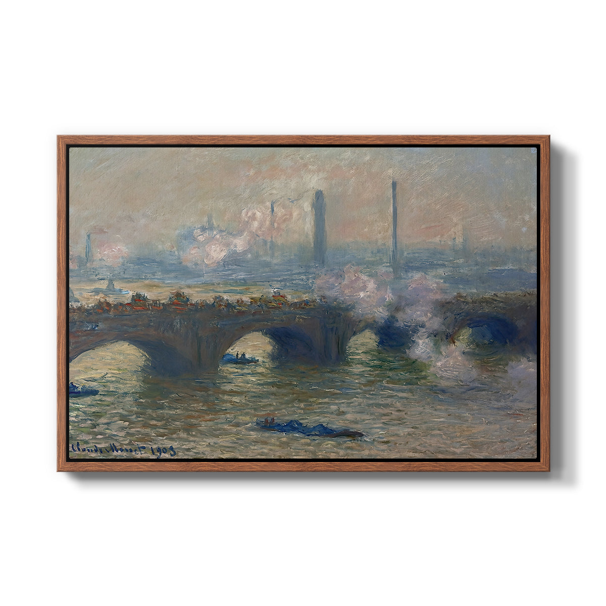 Waterloo Bridge, Gray Day, 1903 by Claude Monet in a walnut floater framed canvas wall art display.