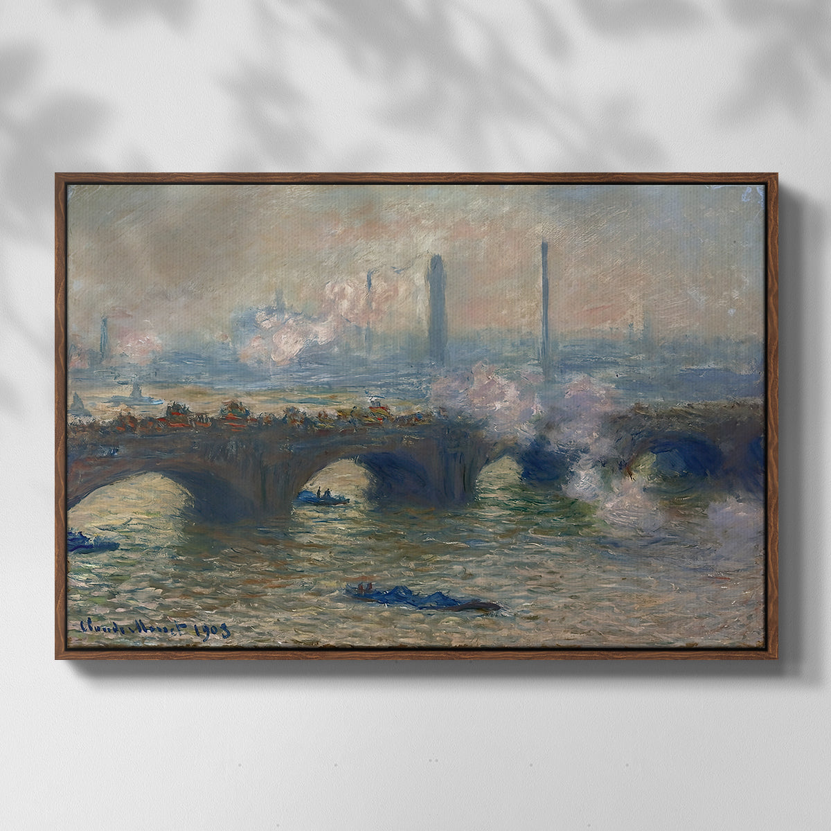 Front view of Waterloo Bridge, Gray Day, 1903 by Claude Monet in a walnut floater framed canvas.
