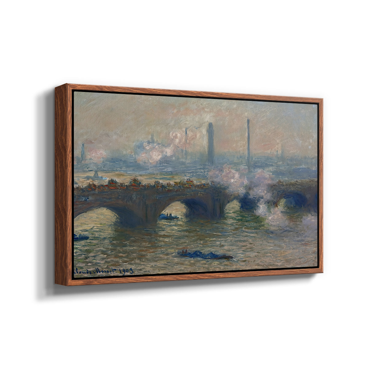 Angled view of Waterloo Bridge, Gray Day, 1903 by Claude Monet in a walnut floater framed canvas.