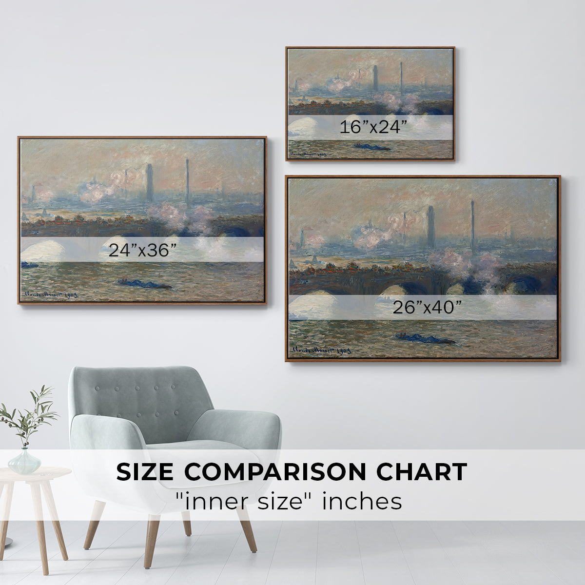 Size comparison chart for walnut floater framed canvas featuring Waterloo Bridge, Gray Day, 1903 by Claude Monet.