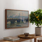 Waterloo Bridge, Gray Day, 1903 by Claude Monet, presented in a walnut floater framed canvas featuring a muted cityscape of bridge spanning river under overcast sky, displayed above a hallway console table.