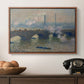 Waterloo Bridge, Gray Day, 1903 by Claude Monet in a walnut floater framed canvas displayed above a console table in a hallway, featuring a foggy London bridge view with softened architectural forms.