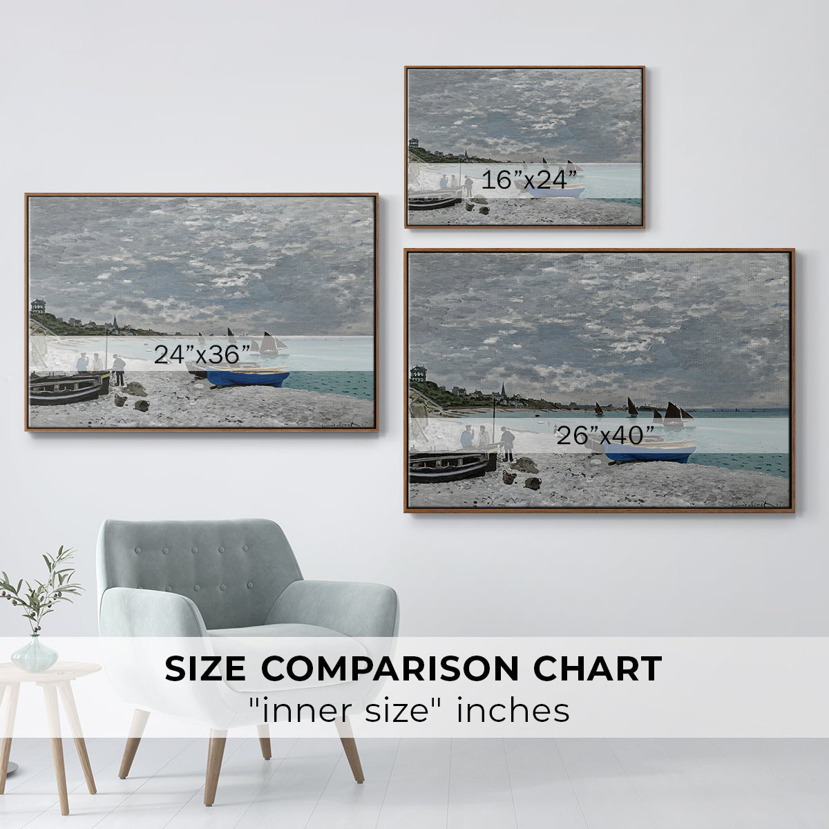 Size comparison chart for walnut floater framed canvas featuring The Beach at Sainte-Adresse, 1867 by Claude Monet.