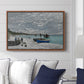 The Beach at Sainte-Adresse, 1867 by Claude Monet displayed above a sofa in a living room in a walnut floater frame, featuring a lively beach scene with people overlooking water and ships.
