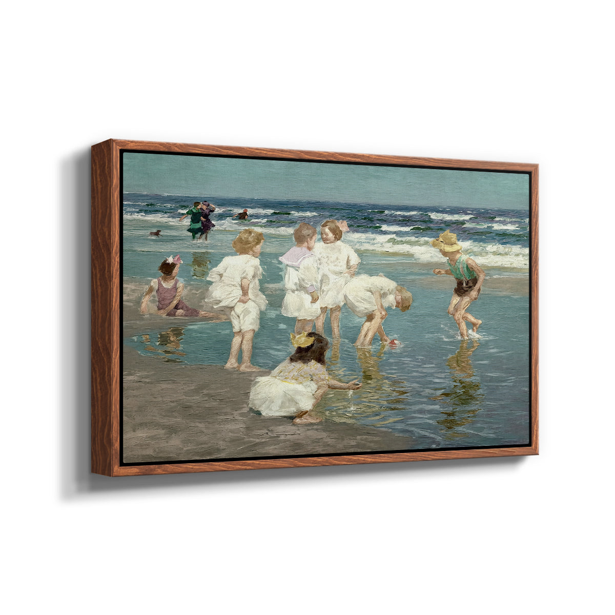 Angled view of A Holiday, c. 1915 by Edward Henry Potthast in a walnut floater framed canvas.