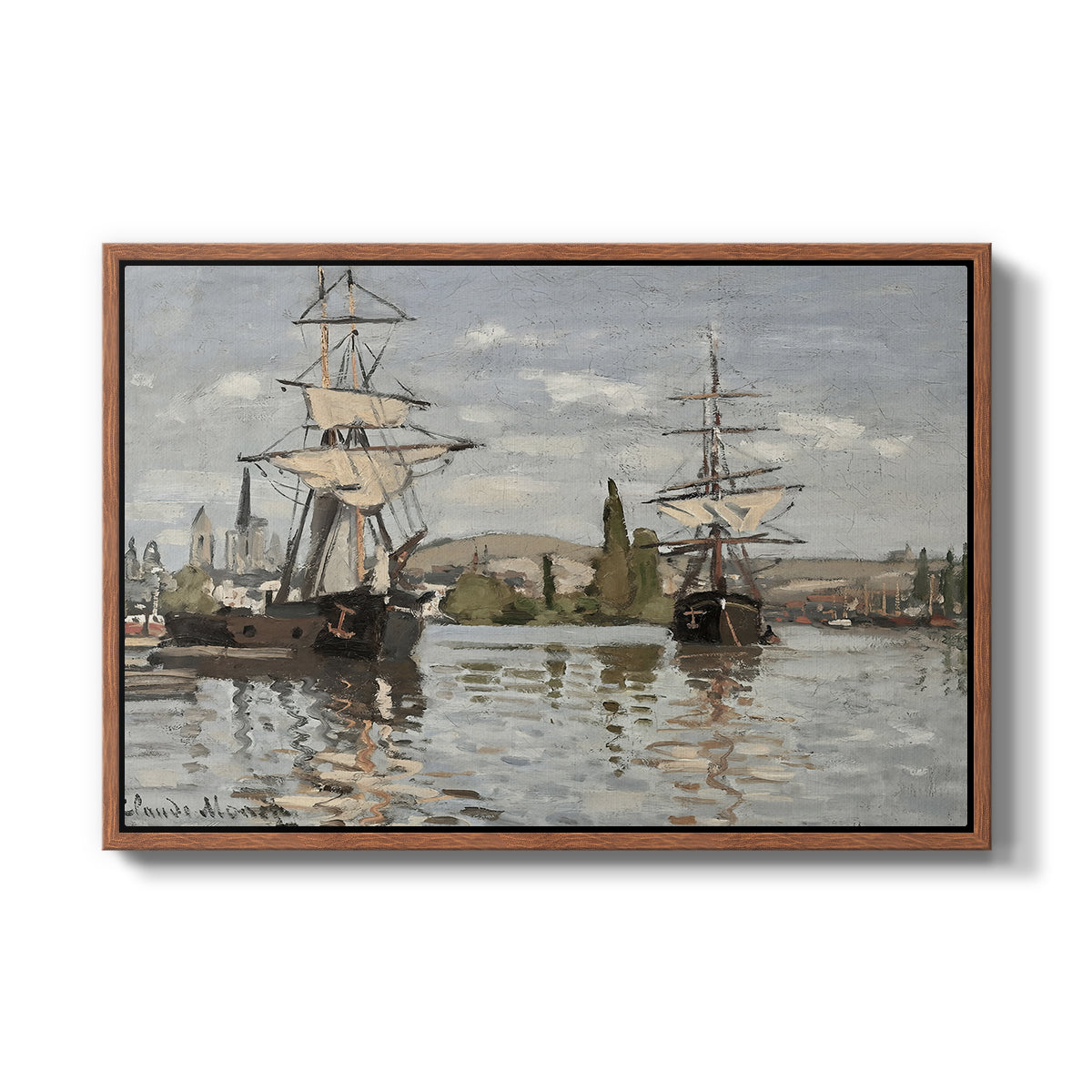 Ships Riding on the Seine at Rouen, 1872 by Claude Monet in a walnut floater framed canvas wall art display.