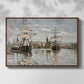 Front view of Ships Riding on the Seine at Rouen, 1872 by Claude Monet in a walnut floater framed canvas.