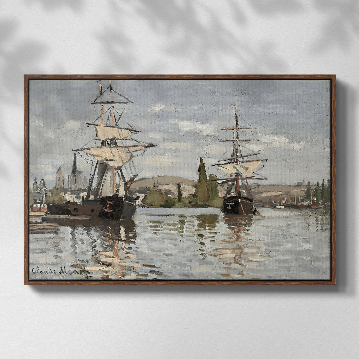 Front view of Ships Riding on the Seine at Rouen, 1872 by Claude Monet in a walnut floater framed canvas.