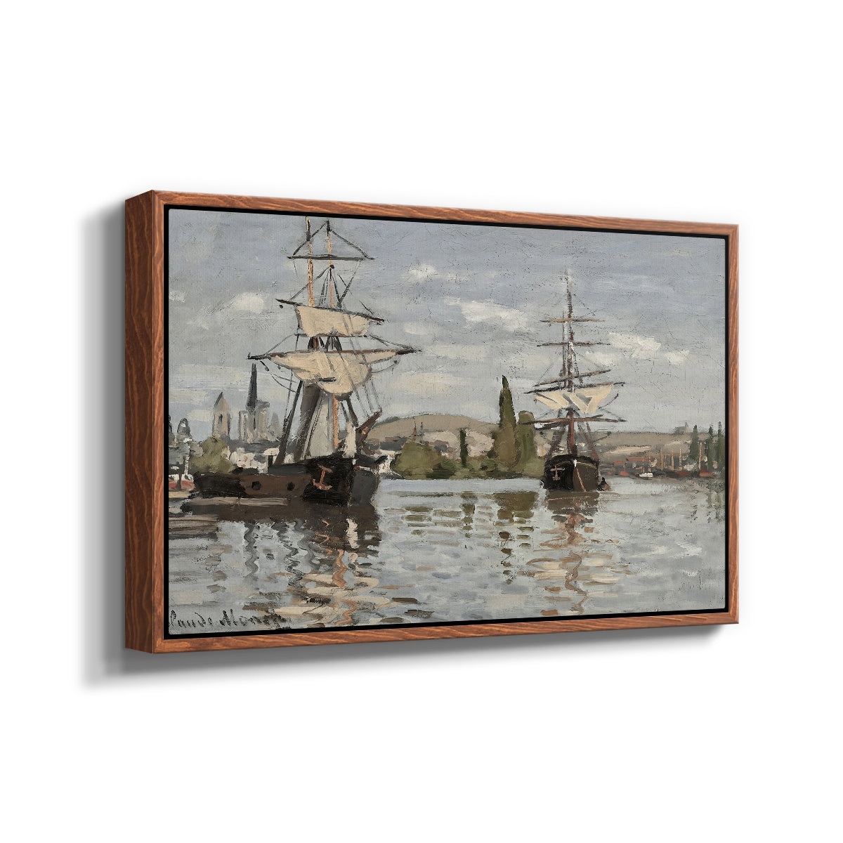 Angled view of Ships Riding on the Seine at Rouen, 1872 by Claude Monet in a walnut floater framed canvas.