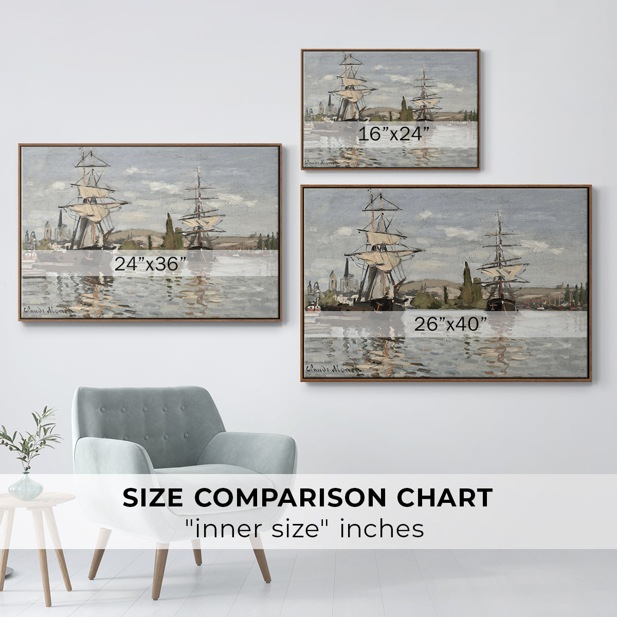 Size comparison chart for walnut floater framed canvas featuring Ships Riding on the Seine at Rouen, 1872 by Claude Monet.