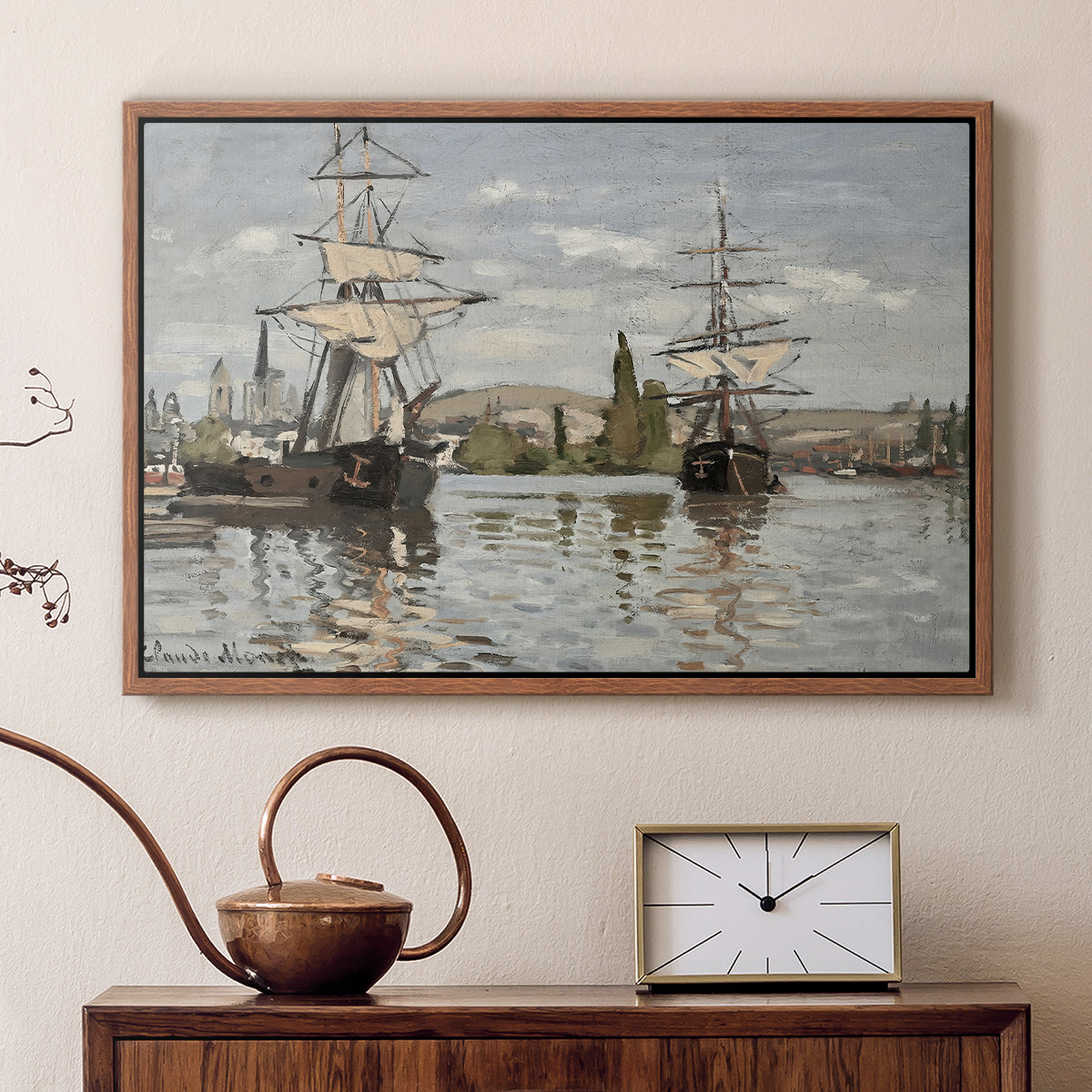 Walnut floater framed canvas featuring a harbor view with tall ships lining the waterfront in muted tones, displayed above a cabinet in a soft-toned living room.