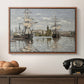 Ships Riding on the Seine at Rouen, 1872 by Claude Monet in a walnut floater framed canvas displayed above a console table in a hallway, featuring a nautical landscape with vessels resting on calm water.