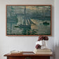 Walnut floater framed canvas featuring Sunrise (Marine), 1873 by Claude Monet above an entryway table in a minimalist foyer.