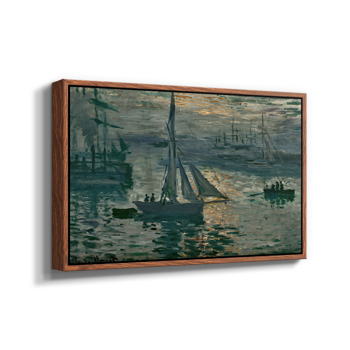 Angled view of Sunrise (Marine), 1873 by Claude Monet in a walnut floater framed canvas.