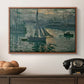 Sunrise (Marine), 1873 by Claude Monet in a walnut floater framed canvas displayed above a console table in a hallway, featuring an atmospheric ocean view with sun rising through haze.