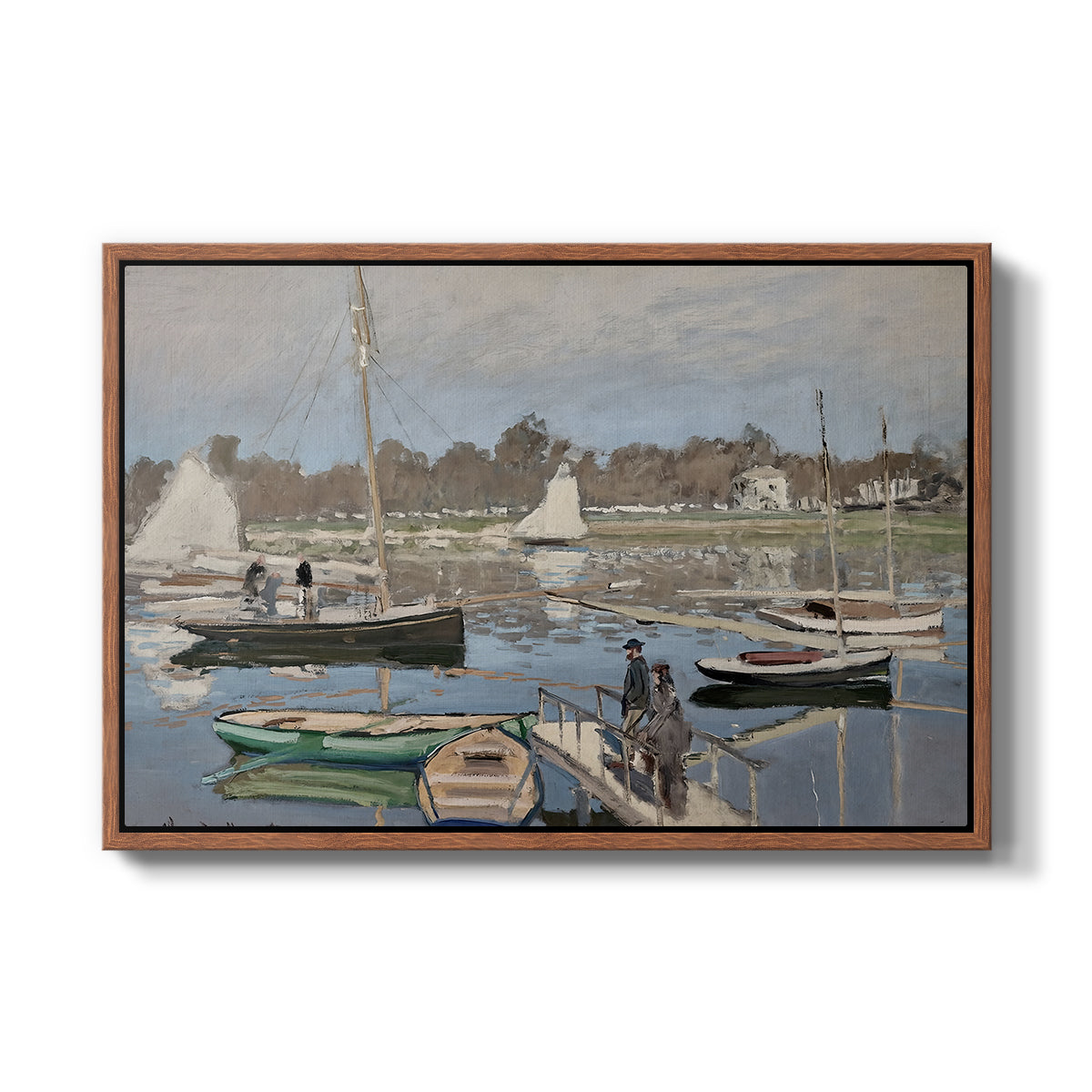The Basin at Argenteuil, 1874 by Claude Monet in a walnut floater framed canvas wall art display.