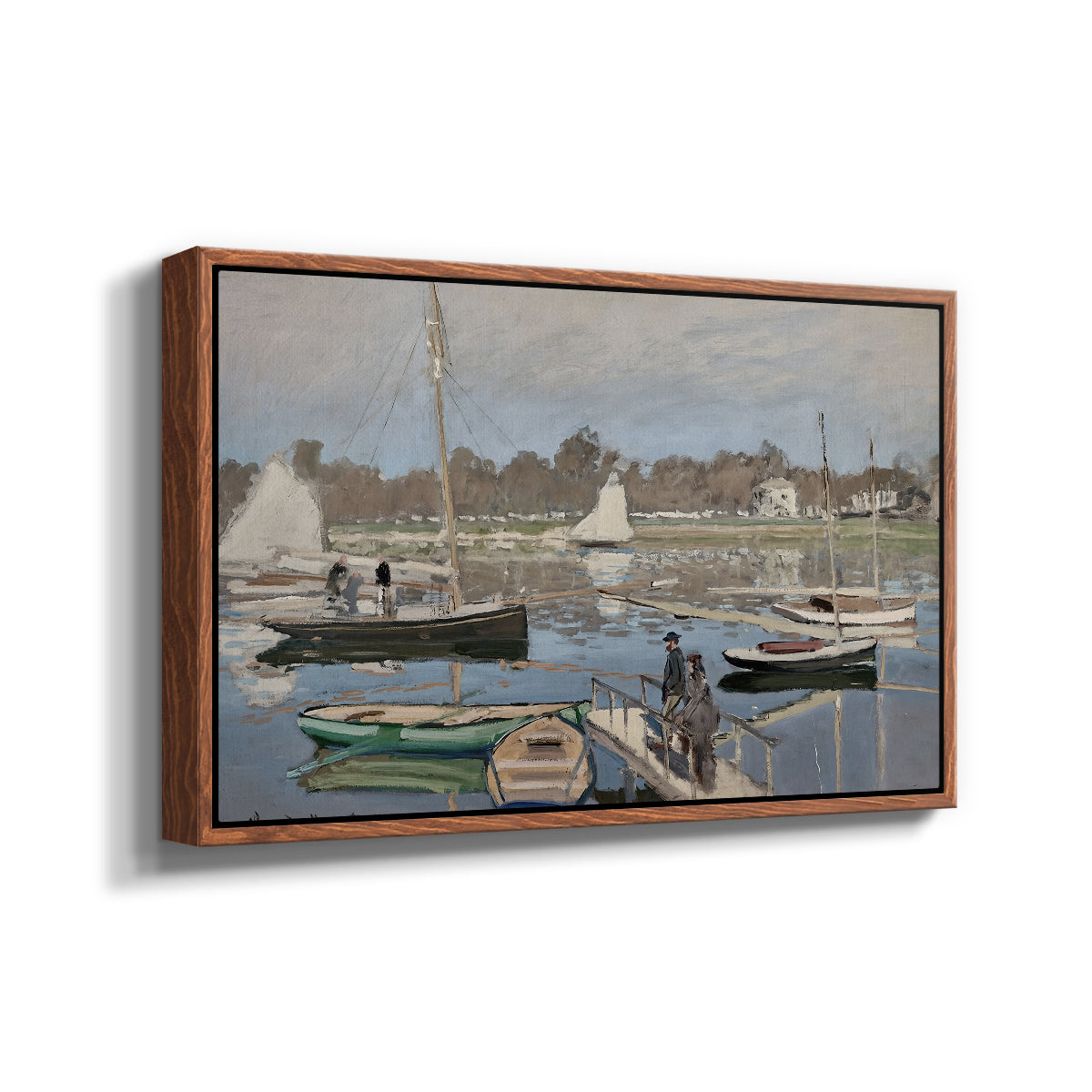 Angled view of The Basin at Argenteuil, 1874 by Claude Monet in a walnut floater framed canvas.