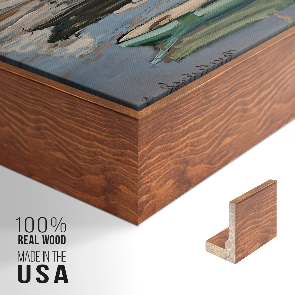 Close-up of the walnut floater frame corner and gallery wrapped canvas construction.