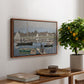 The Basin at Argenteuil, 1874 by Claude Monet, presented in a walnut floater framed canvas featuring sailboats gathered in calm basin with reflections on water, displayed above a hallway console table.
