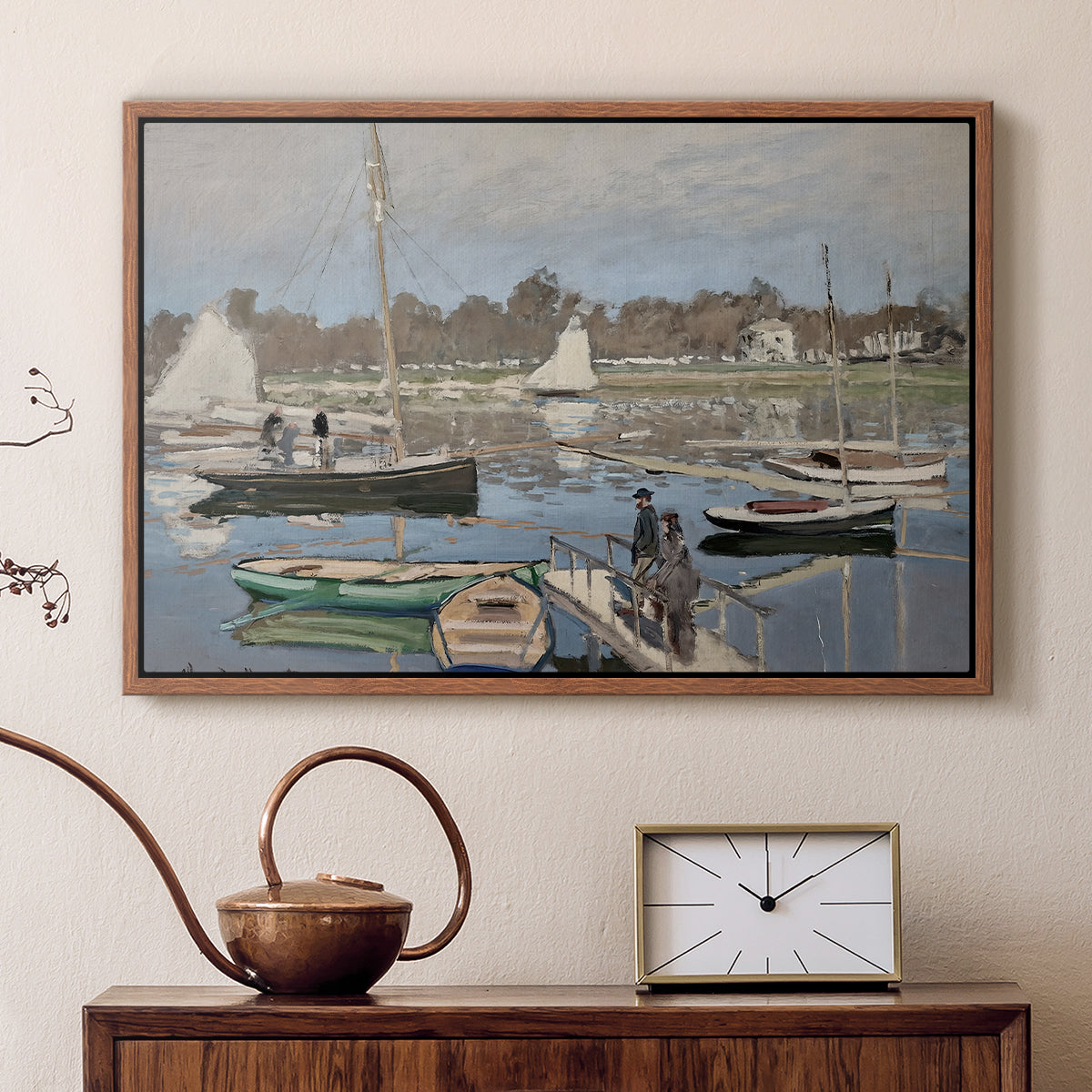 Walnut floater framed canvas featuring a harbor basin filled with boats under soft sky, displayed above a cabinet in a soft-toned living room.