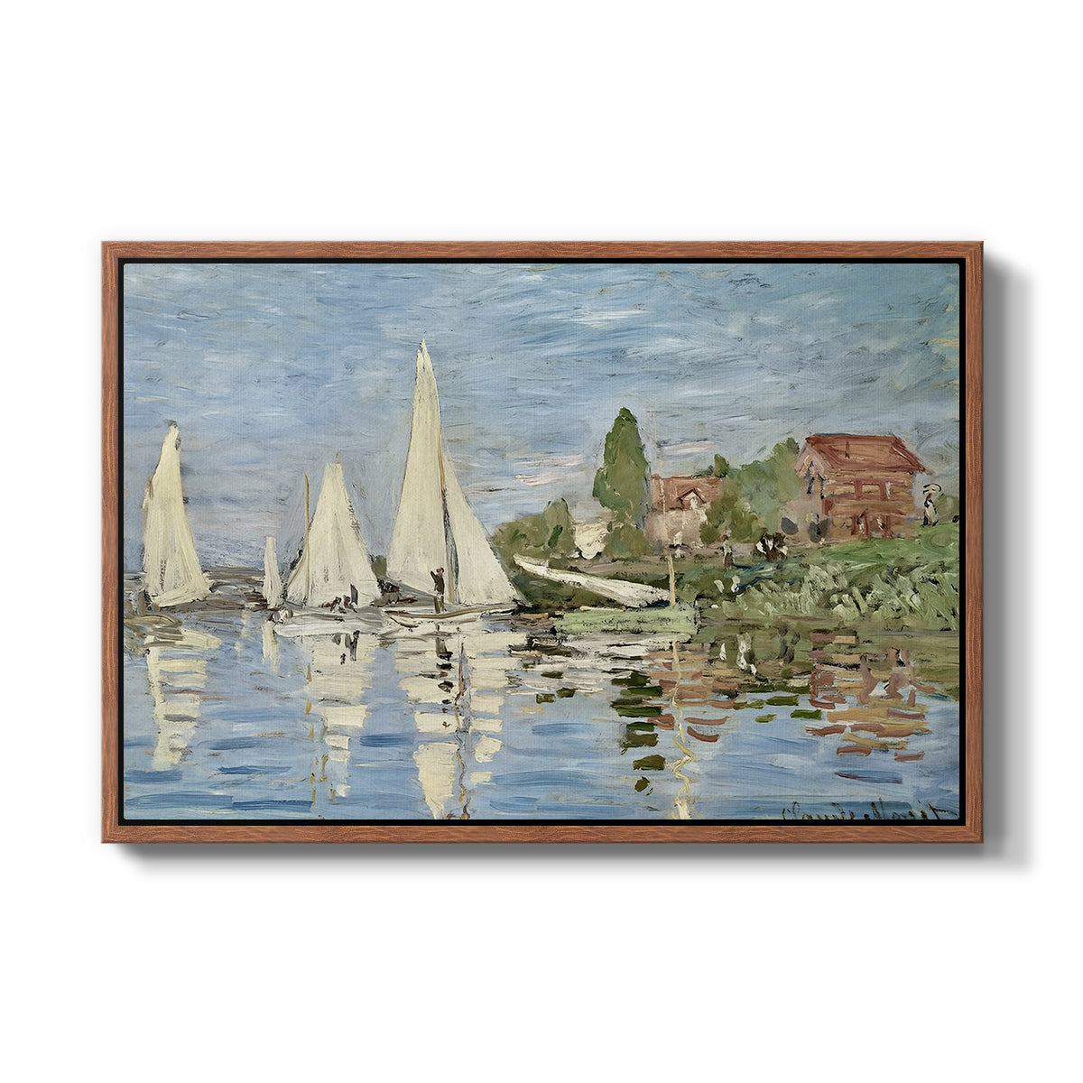 Regatta at Argenteuil, 1872 by Claude Monet in a walnut floater framed canvas wall art display.