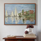 Walnut floater framed canvas featuring Regatta at Argenteuil, 1872 by Claude Monet above an entryway table in a minimalist foyer.