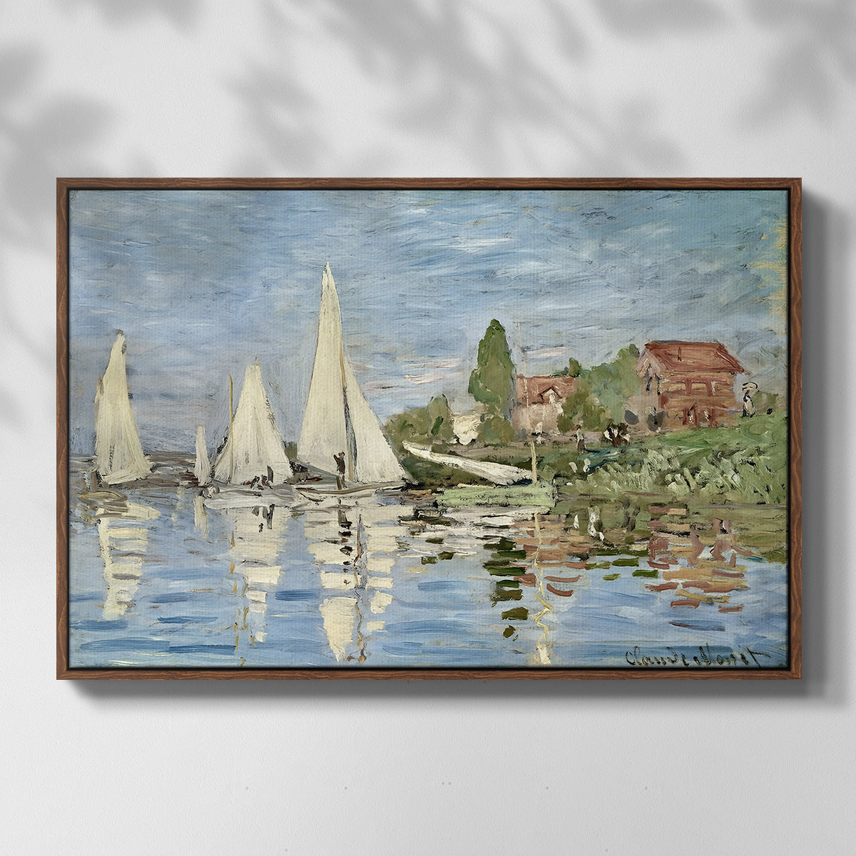 Front view of Regatta at Argenteuil, 1872 by Claude Monet in a walnut floater framed canvas.