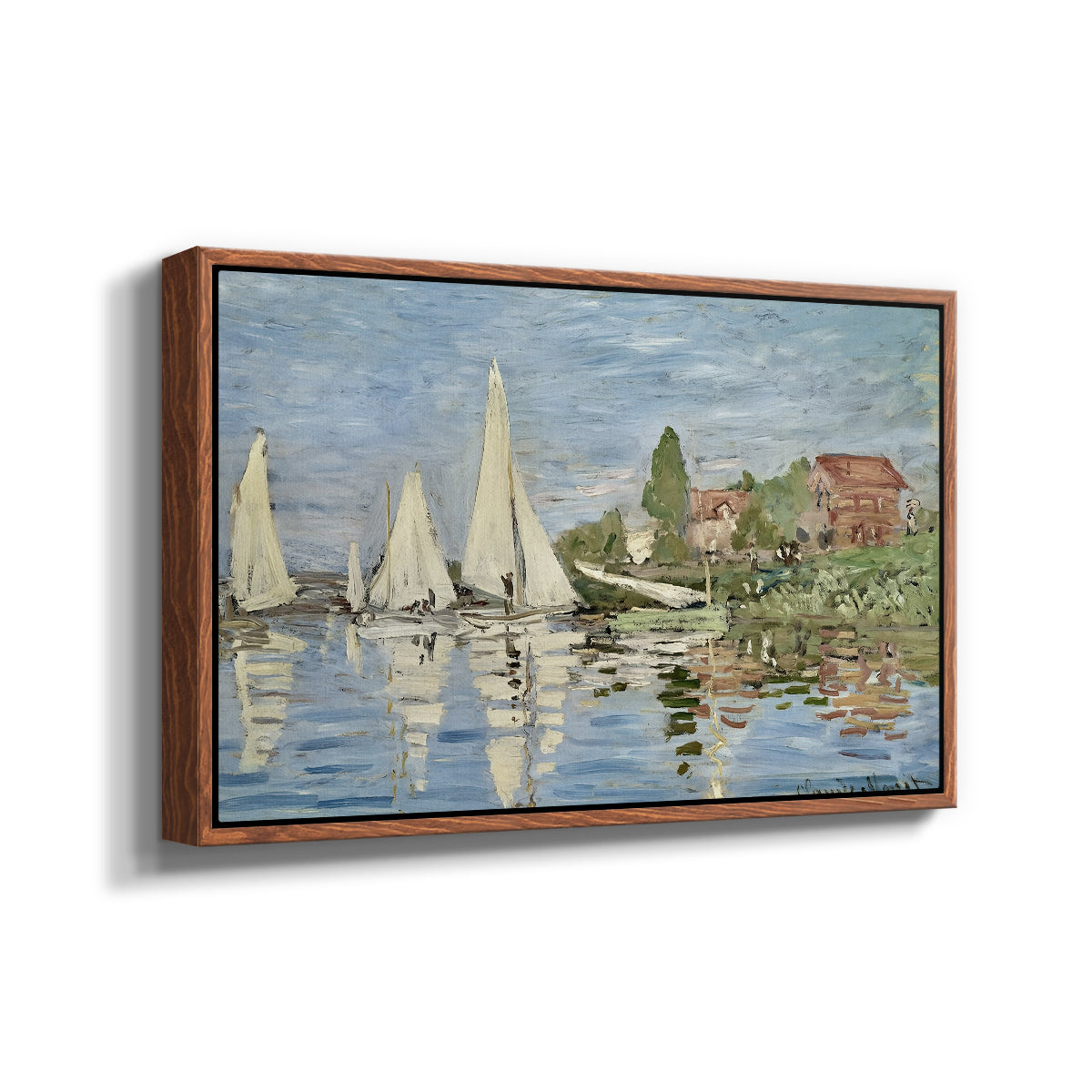 Angled view of Regatta at Argenteuil, 1872 by Claude Monet in a walnut floater framed canvas.
