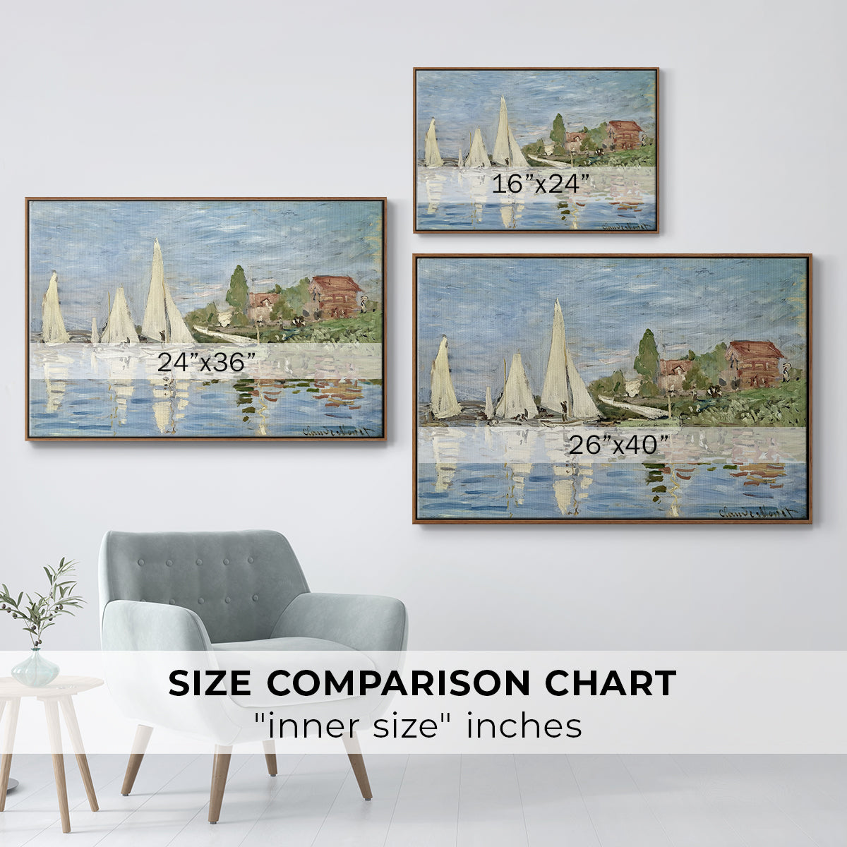 Size comparison chart for walnut floater framed canvas featuring Regatta at Argenteuil, 1872 by Claude Monet.