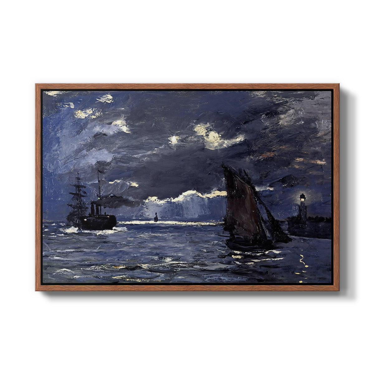 A Seascape, Shipping by Moonlight, 1864 by Claude Monet in a walnut floater framed canvas wall art display.