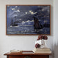 Walnut floater framed canvas featuring A Seascape, Shipping by Moonlight, 1864 by Claude Monet above an entryway table in a minimalist foyer.
