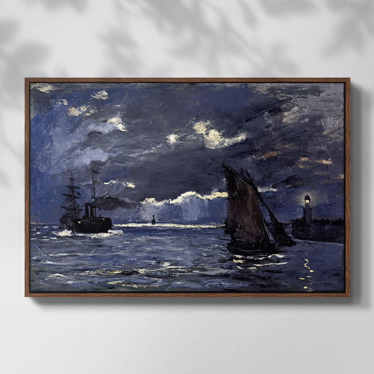 Front view of A Seascape, Shipping by Moonlight, 1864 by Claude Monet in a walnut floater framed canvas.