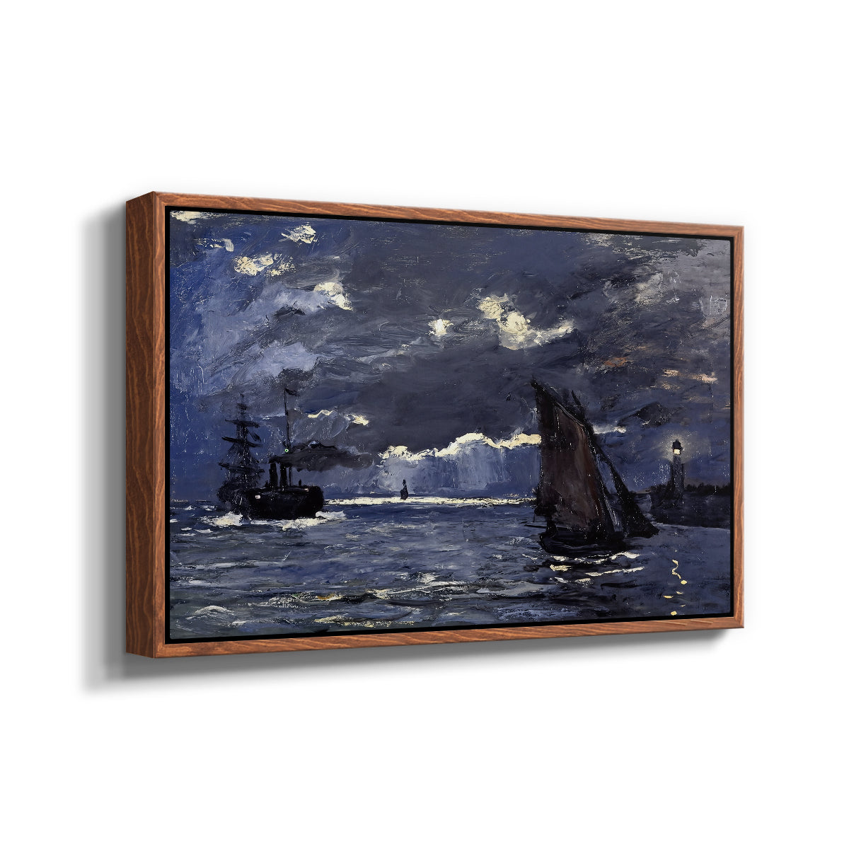 Angled view of A Seascape, Shipping by Moonlight, 1864 by Claude Monet in a walnut floater framed canvas.