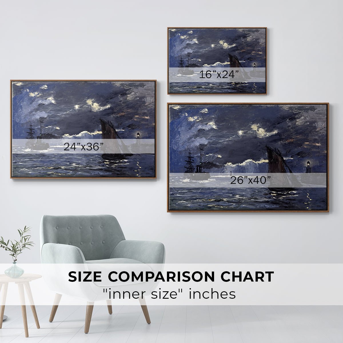 Size comparison chart for walnut floater framed canvas featuring A Seascape, Shipping by Moonlight, 1864 by Claude Monet.