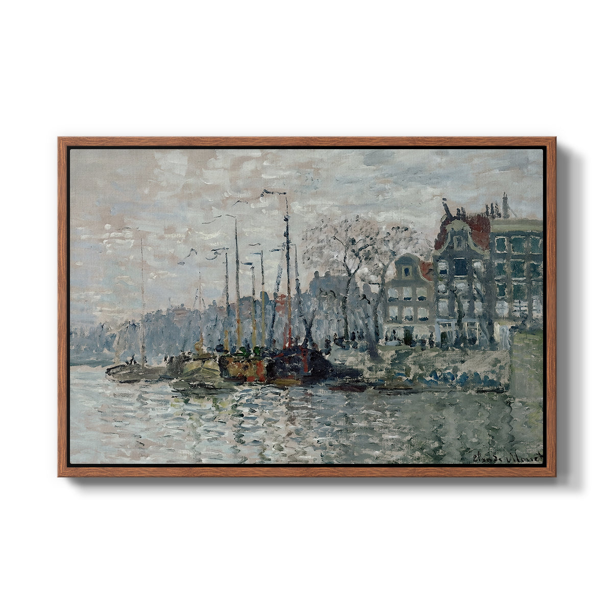 View of the Prins Hendrikkade and Kromme Waal in Amsterdam, 1874 by Claude Monet in a walnut floater framed canvas wall art display.