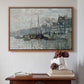 Walnut floater framed canvas featuring View of the Prins Hendrikkade and Kromme Waal in Amsterdam, 1874 by Claude Monet above an entryway table in a minimalist foyer.