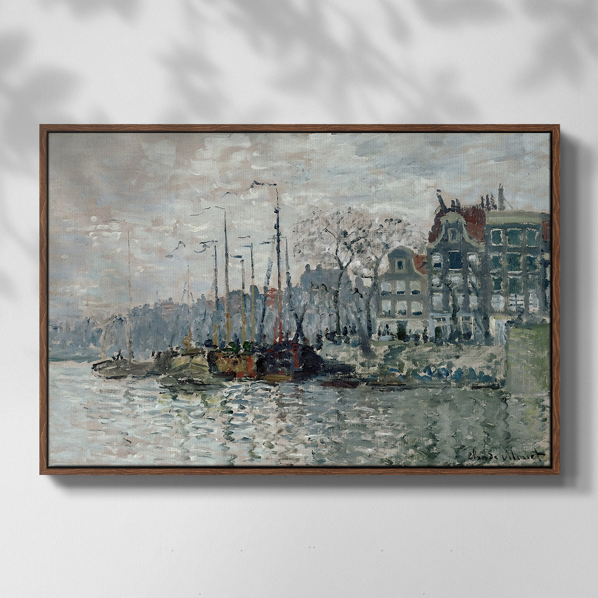 Front view of View of the Prins Hendrikkade and Kromme Waal in Amsterdam, 1874 by Claude Monet in a walnut floater framed canvas.
