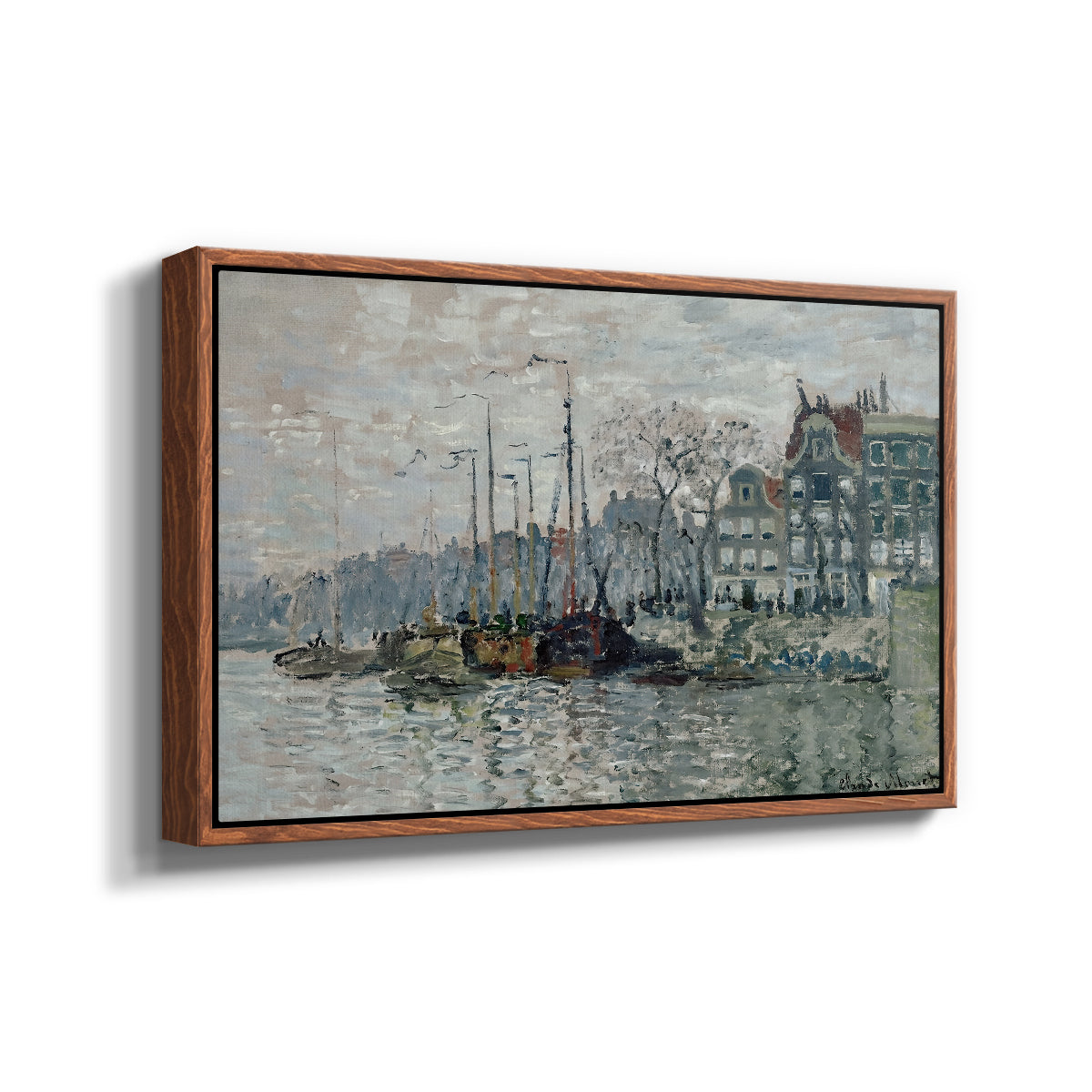 Angled view of View of the Prins Hendrikkade and Kromme Waal in Amsterdam, 1874 by Claude Monet in a walnut floater framed canvas.