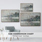 Size comparison chart for walnut floater framed canvas featuring View of the Prins Hendrikkade and Kromme Waal in Amsterdam, 1874 by Claude Monet.
